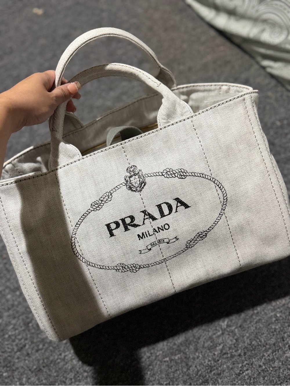 Prada Canapa Beige Canvas Tote with Black Logo